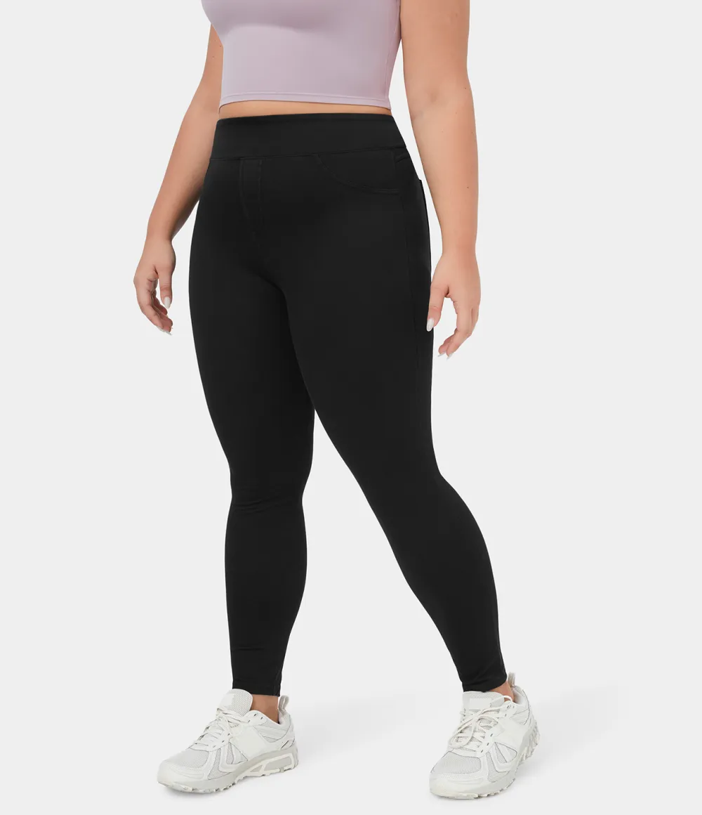Magic High Waisted Back Side Pocket Stretchy Knit Denim Plus Size Casual Leggings