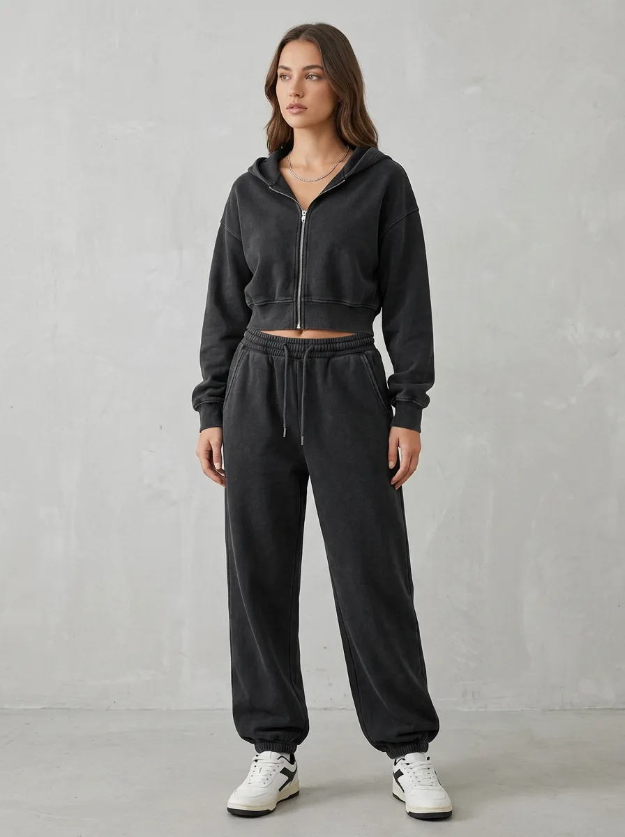 Studio Lounge-Look Women's Cropped Zip-Up Hoodie Jogger Active Set