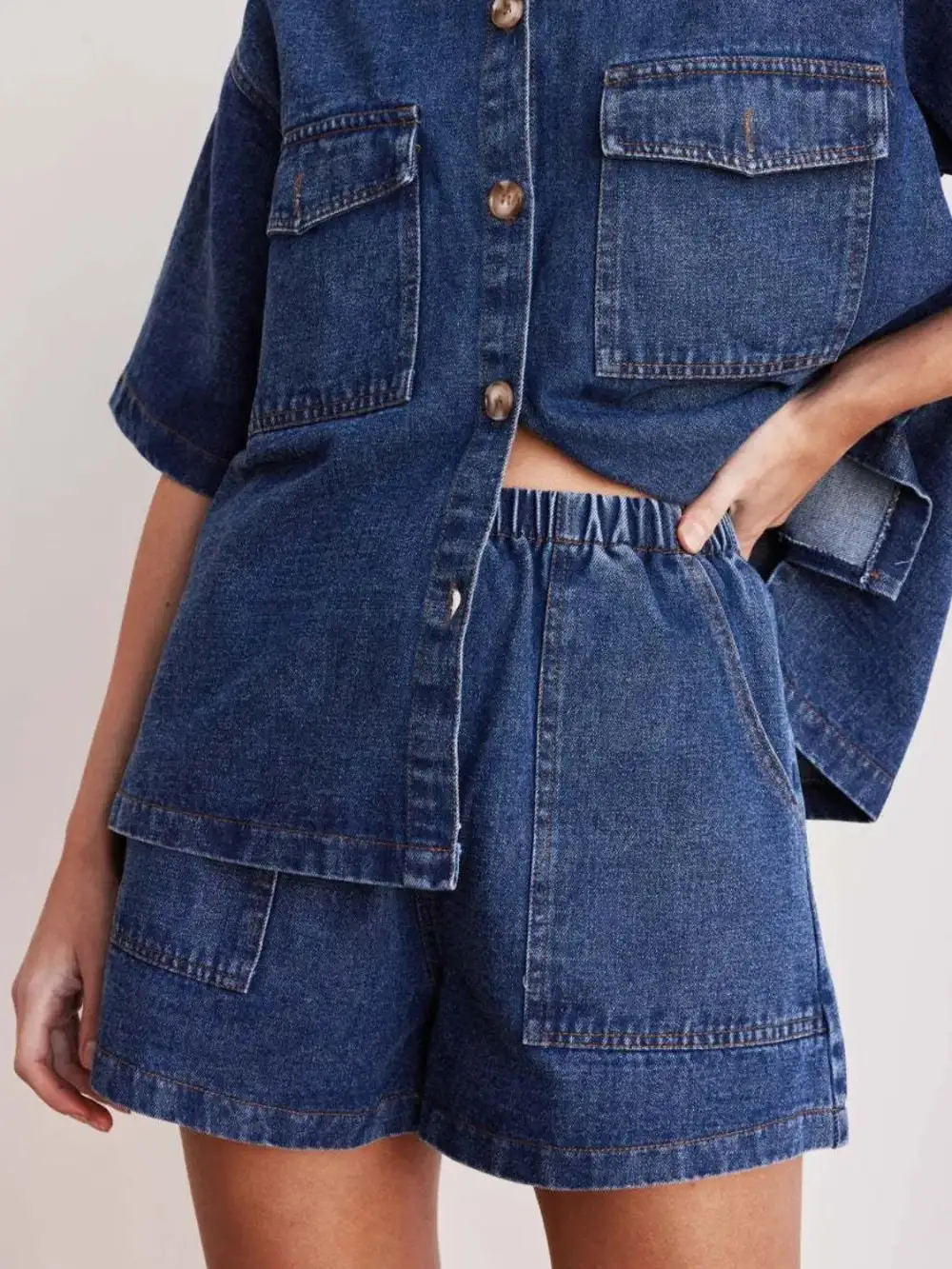Elastic Waist Shorts Denim Pants