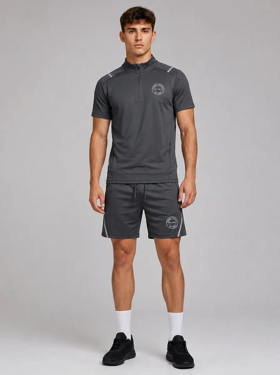 Men's Sporty Casual Logo Printed Quarter-Zip Shorts Set
