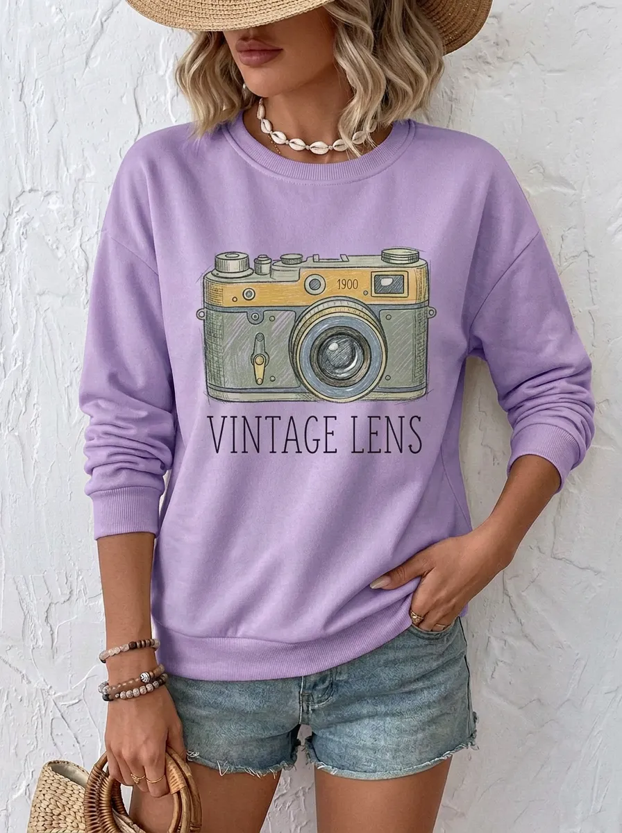 Women's Photography Lover Vintage Camera Printed Sweatshirt
