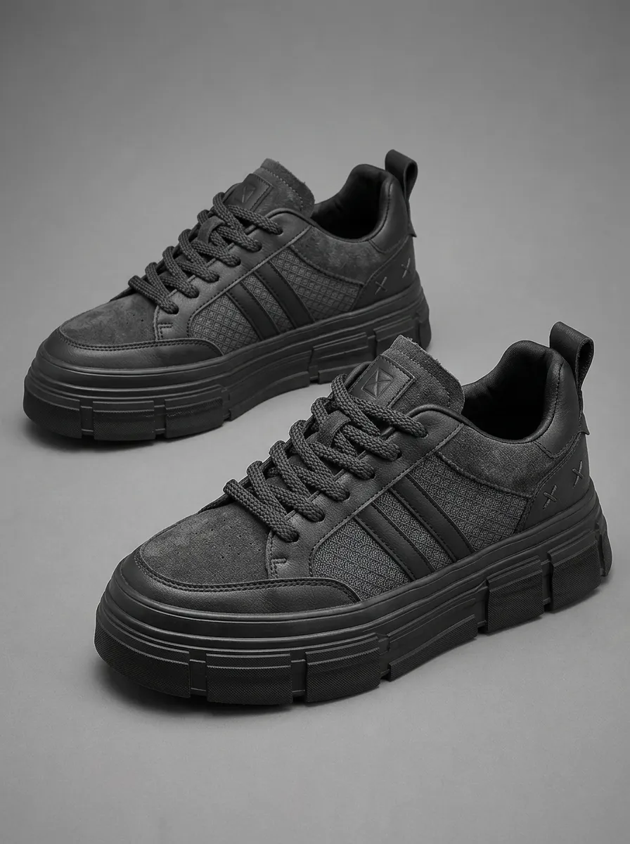 Men's Black Suede Mesh Textured Chunky Sole Sneakers