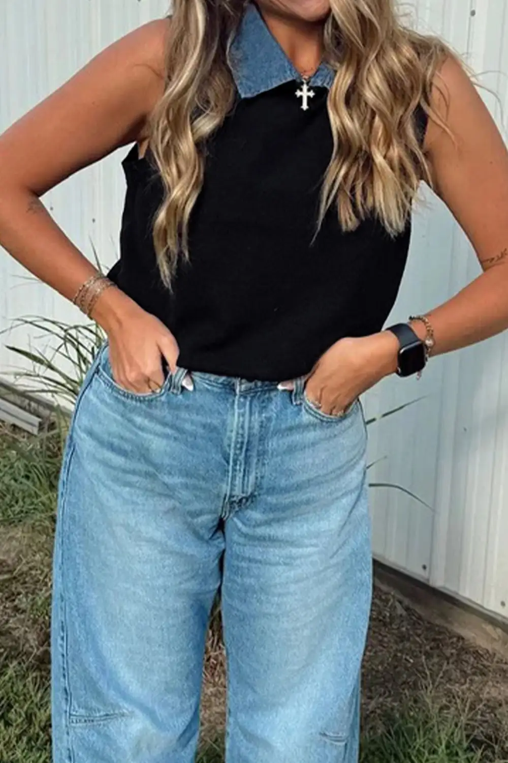 Denim Collar Patchwork Sweater Vest