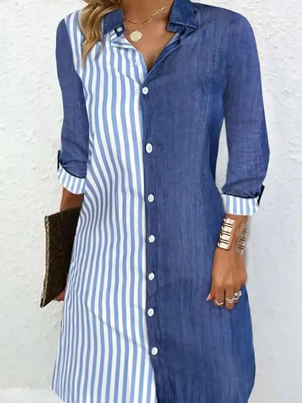 Long Sleeve Relaxed Asymmetric Split Joint Striped Lapel Mini Dress Shirt