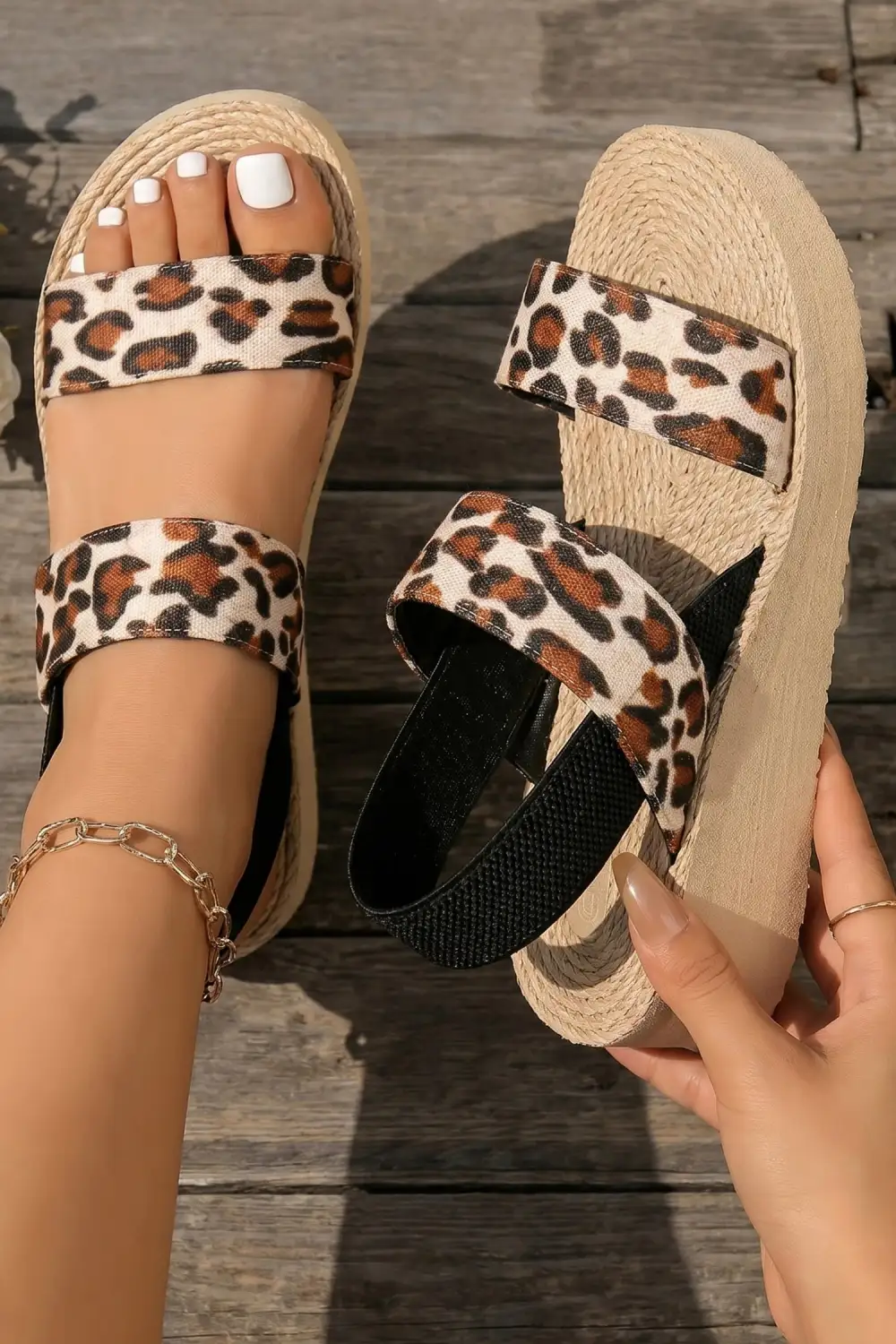 Leopard Woven Strappy Double Strap Flat Sandals