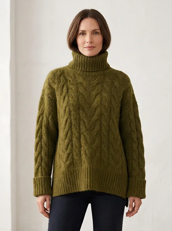 Women's Winter Casual Brown Cable Knit Patterned Turtleneck Sweater