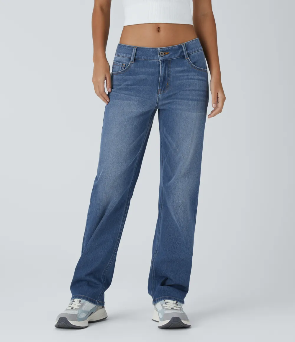 Magic Low Rise Button Zipper Multiple Pockets Straight Leg Washed Stretchy Knit Casual Jeans