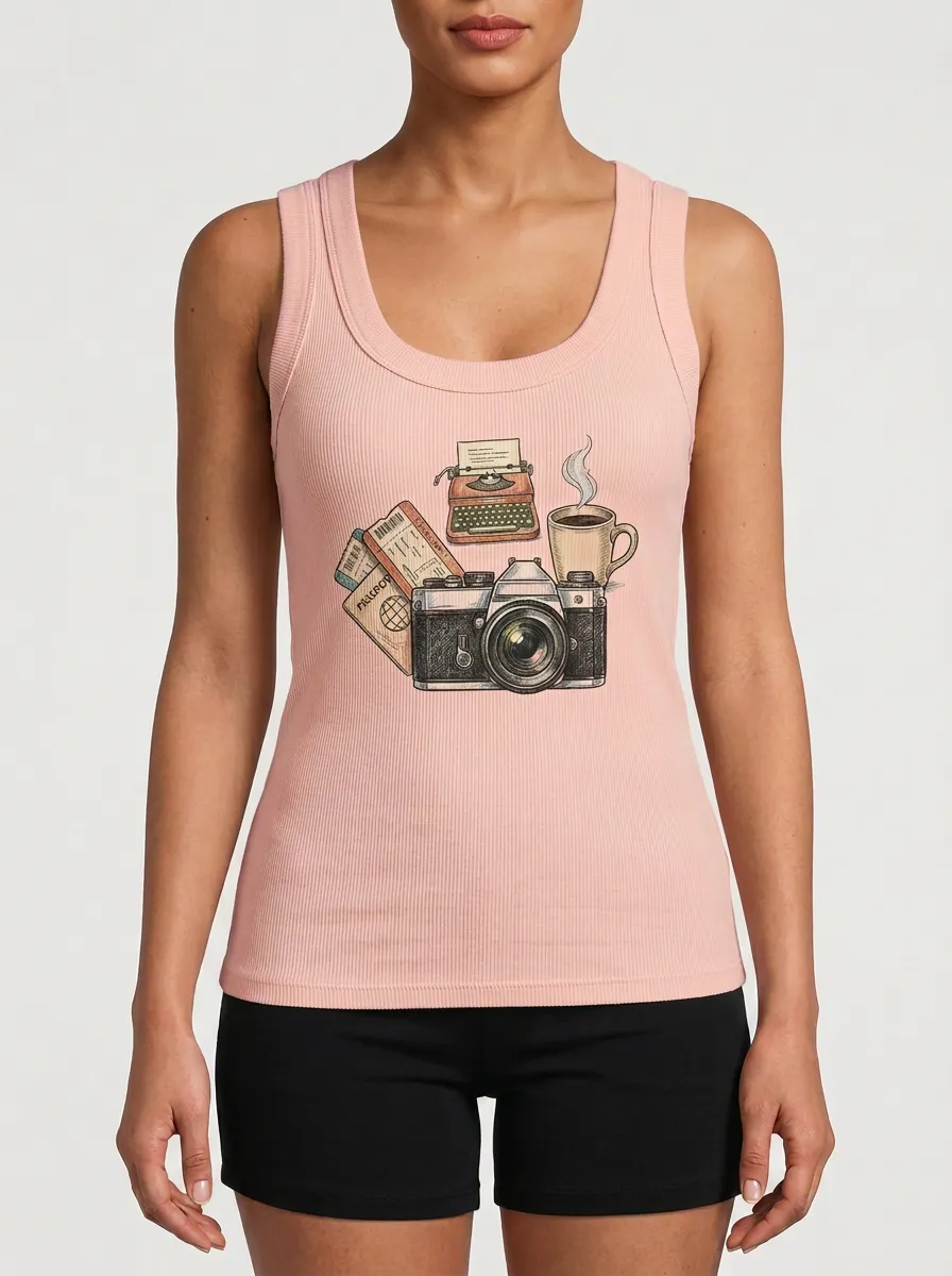 Women's Travel Hobbyist Camera Typewriter Coffee Graphic Tank Top