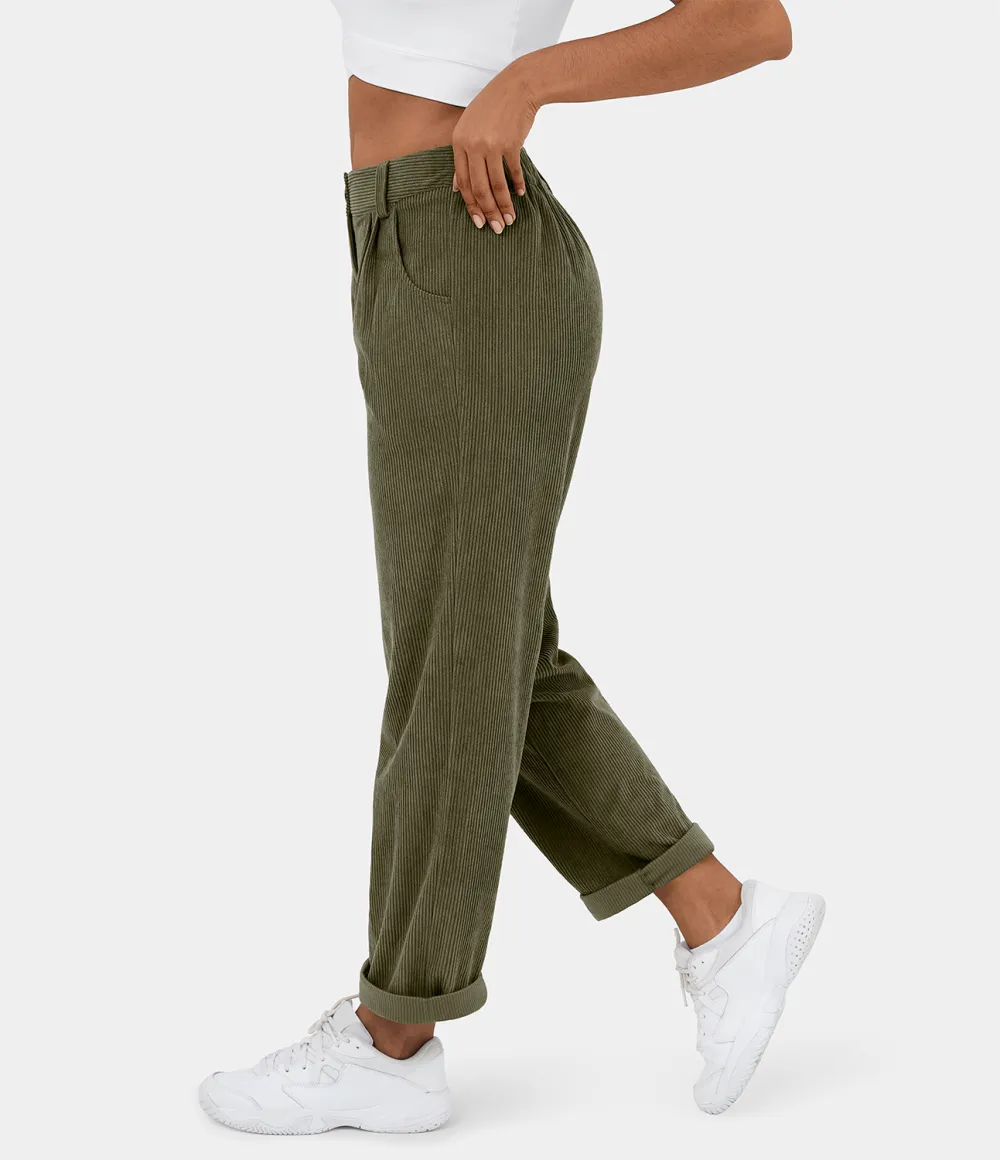 Mid Rise Button Zipper Side Pocket Corduroy Casual Pants