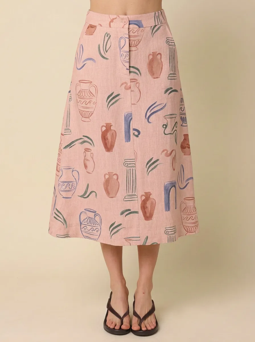 Women's Greek Art Lover Ancient Vase Column Printed Midi Skirt