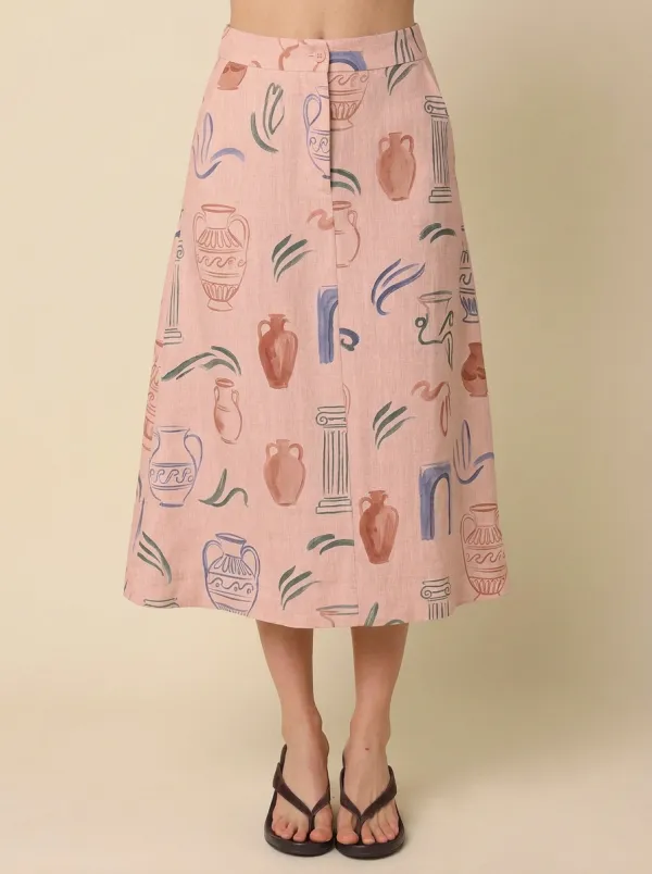 Women's Greek Art Lover Ancient Vase Column Printed Midi Skirt