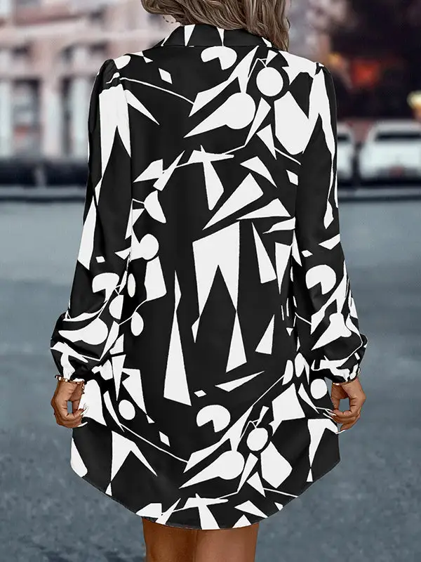Relaxed Puff Sleeve Printed Split Joint Lapel Mini Dress Shirt Dress