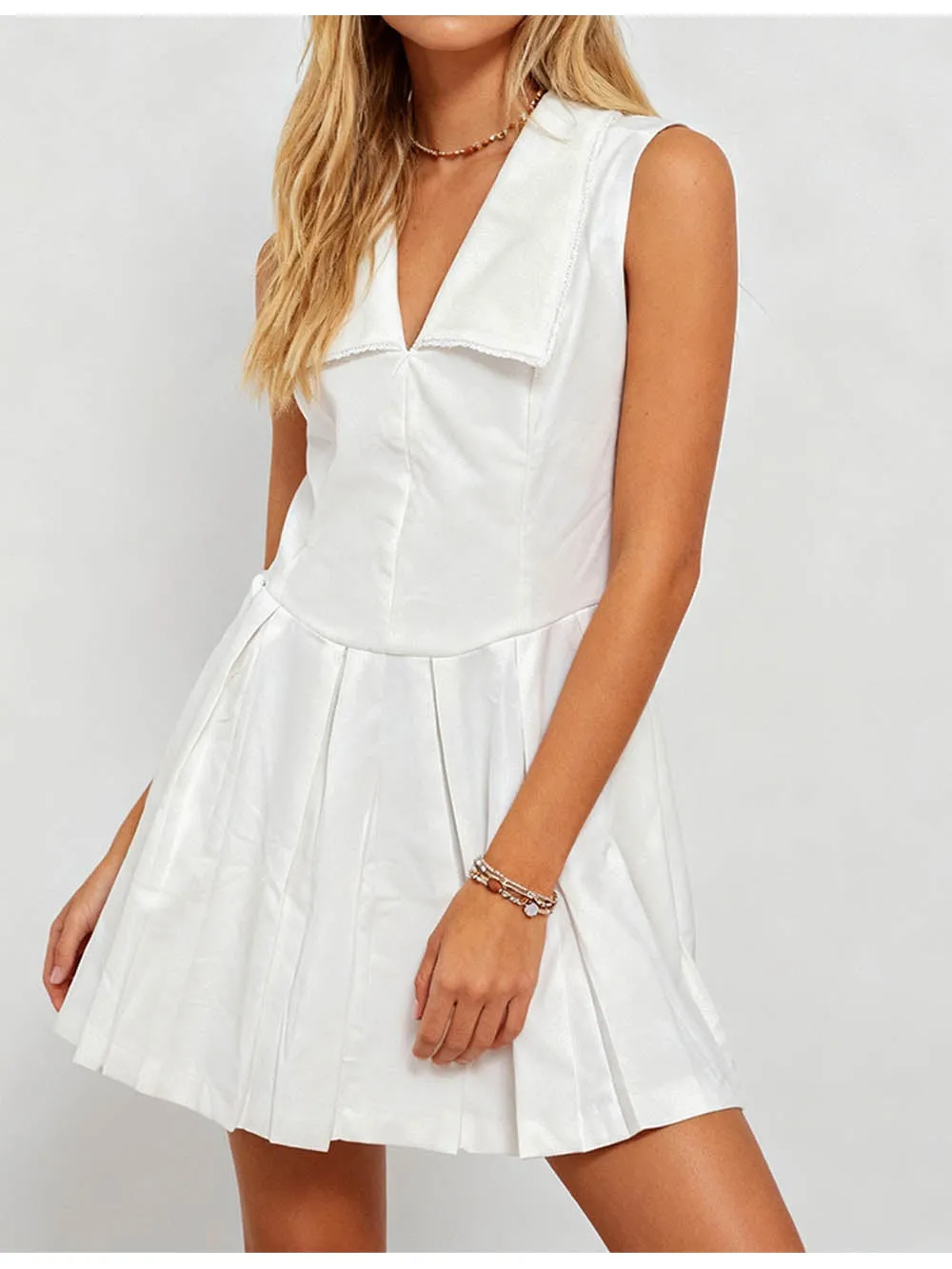 Sailor Collar Lace Trim Solid Color Pleated Mini Dress
