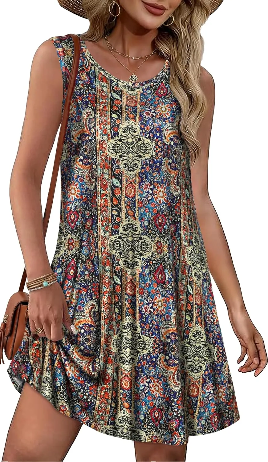 elescat Summer Dresses for Women Boho Sleeveless Pocket Tshirt Sundresses