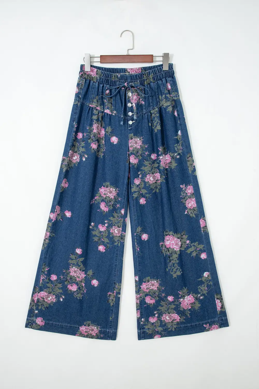 Women's Retro Floral Print Tie Elastic Waist Button Pintuck Wide Leg Jeans