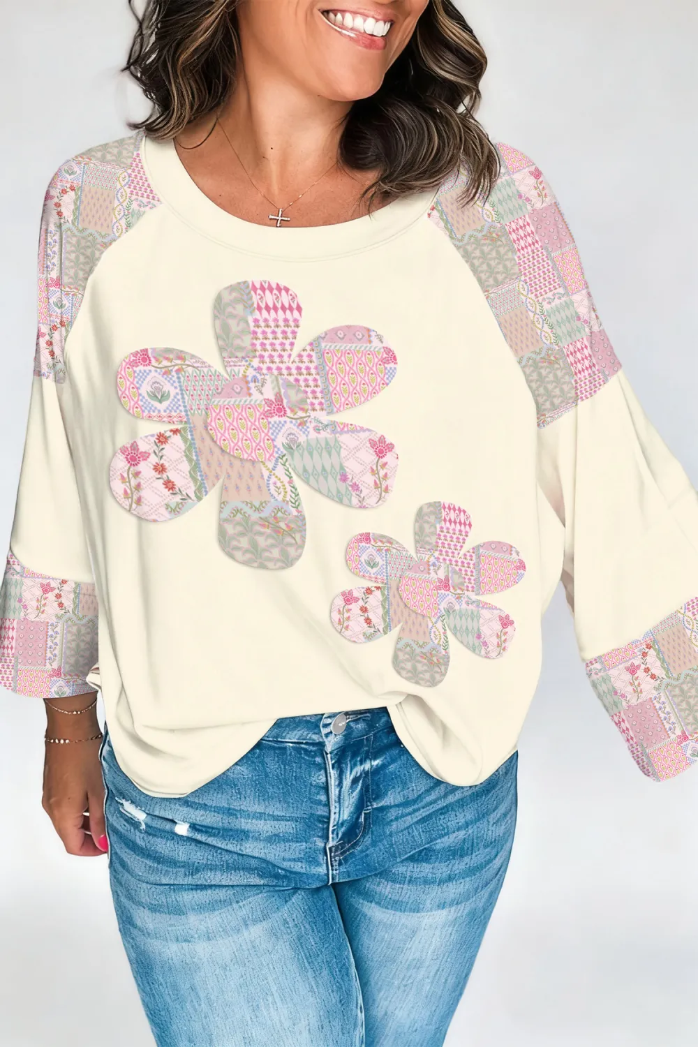 Beige Block Retro Floral Patchwork Top