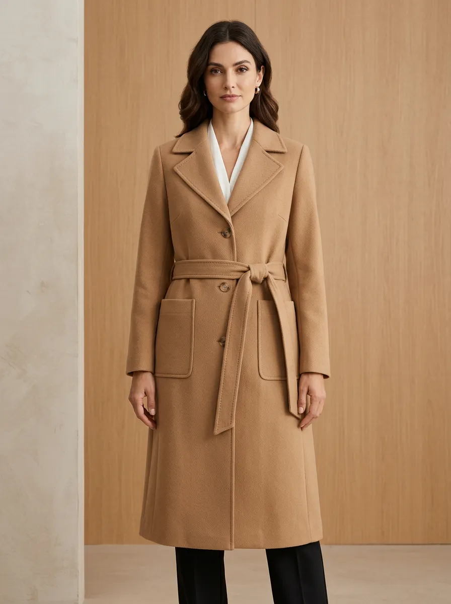 Women's Camel Wool-Blend Belted Long Coat