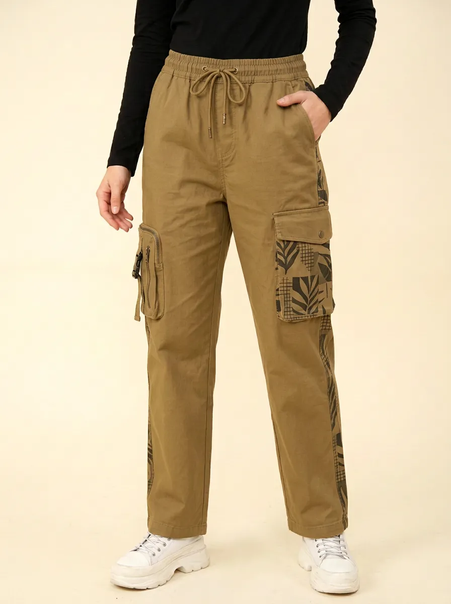 Women's Olive Green Botanical Leaf Pattern Cargo Pants