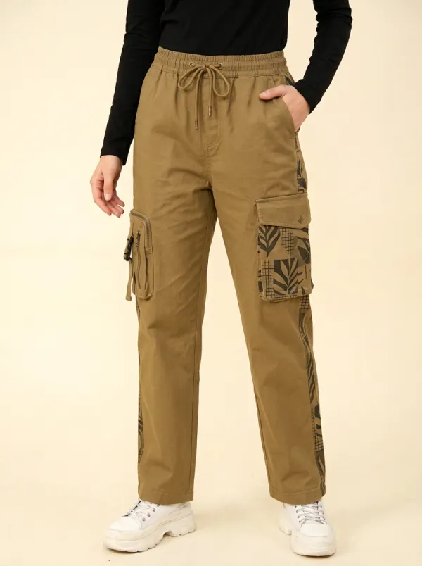 Women's Olive Green Botanical Leaf Pattern Cargo Pants