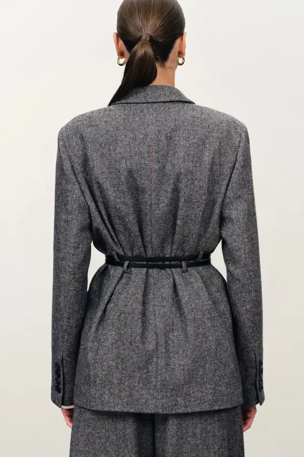 Asymmetric Double Belt Wool Blazer