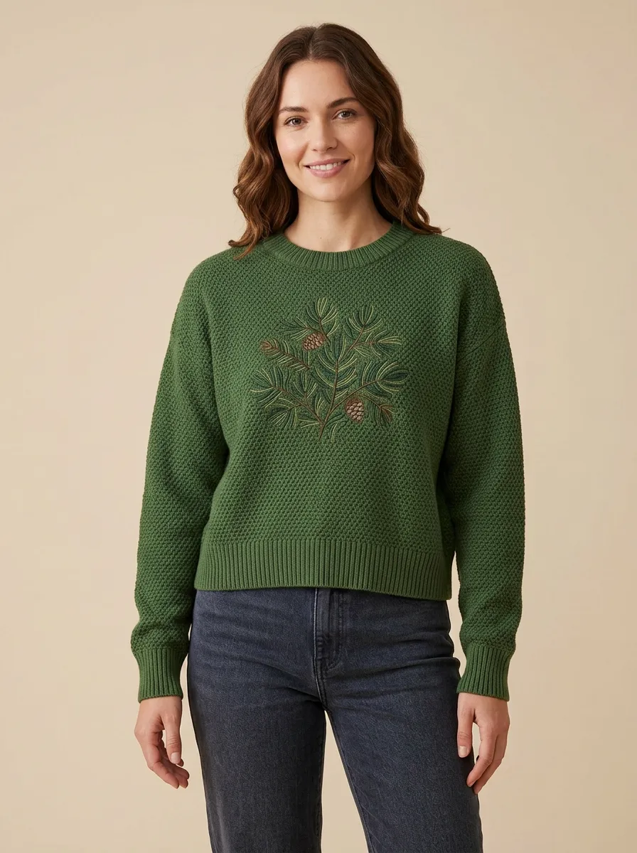 Women's Forest Green Embroidered Pine Motif Crewneck Sweater