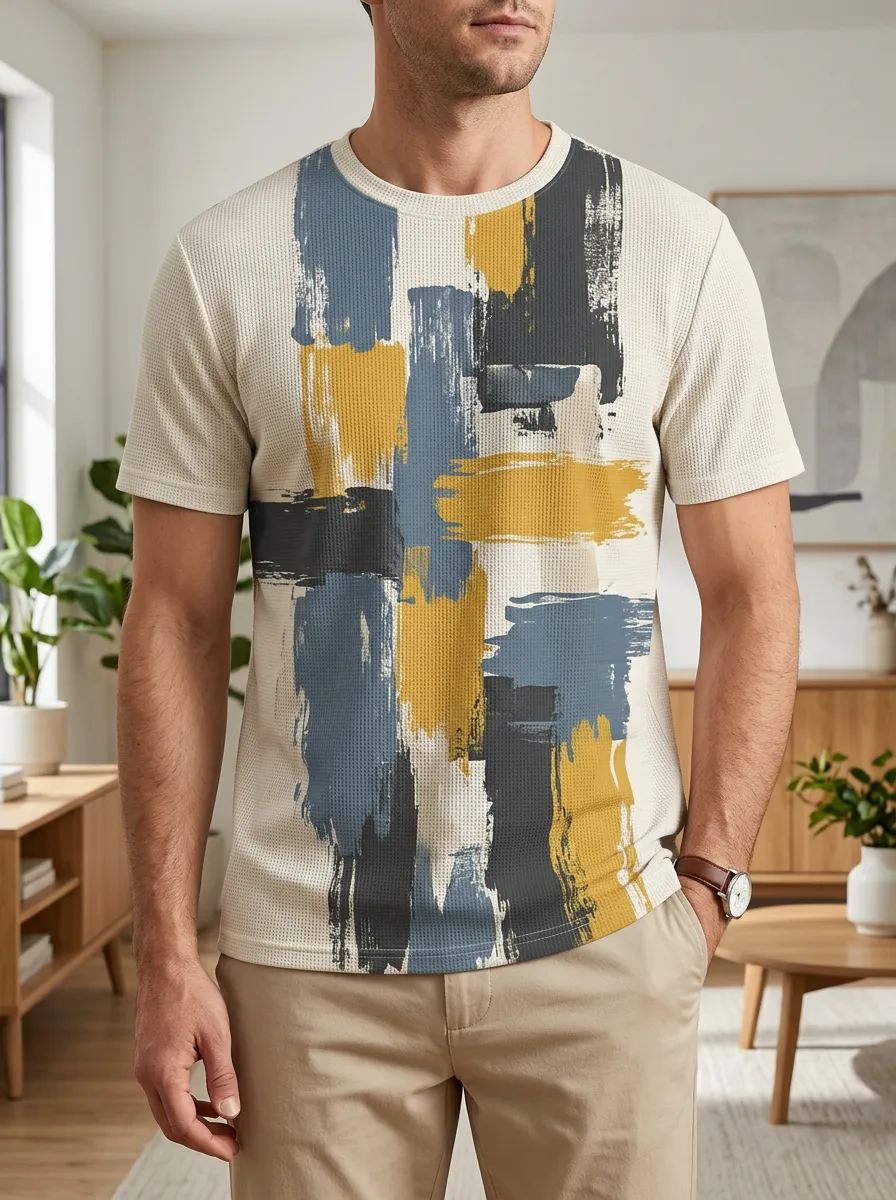 Men's Abstract Brushstroke Pattern Waffle Signature Crew Neck T-Shirt