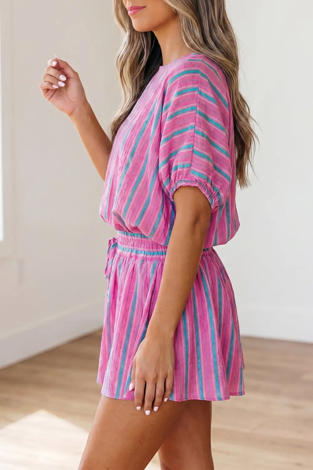 Women's Dolman Short Sleeve Blouse Drawstring Elastic Waist Loose Short Set