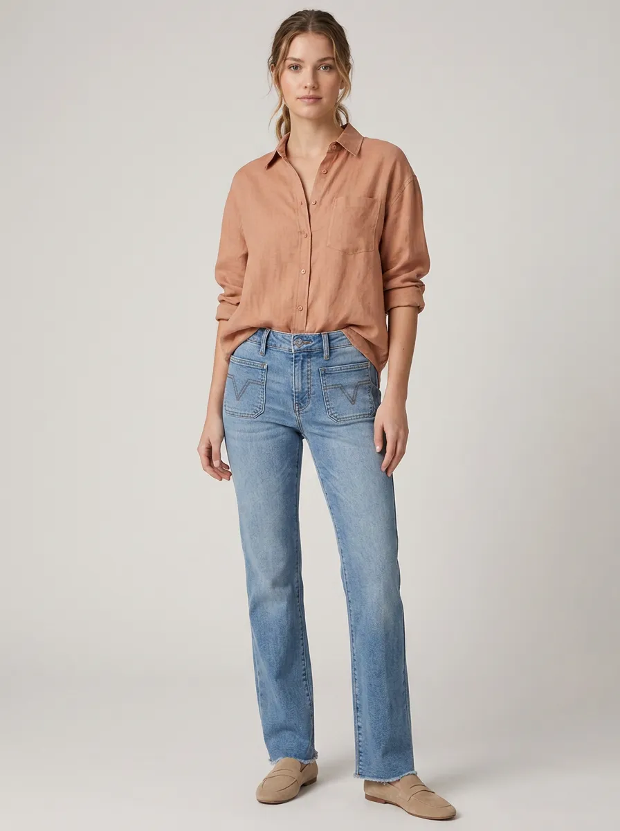 Women's Casual V-Stitch Pocket Frayed Hem Blue Jeans