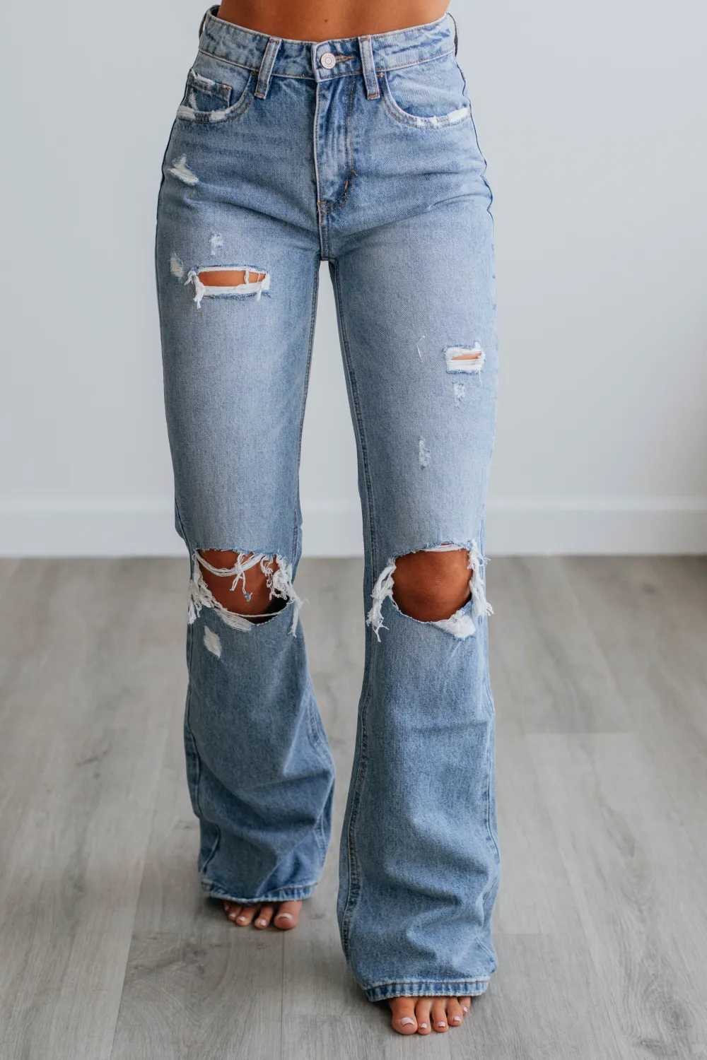 Distressed High Rise Flare Jeans