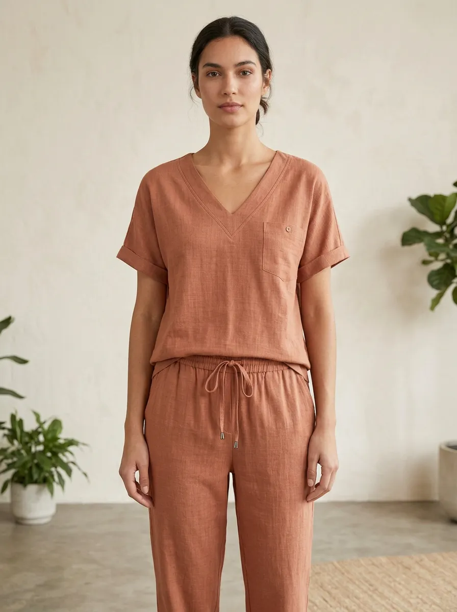 Pocket Button-Front Linen-Blend Women's V-Neck Shirt