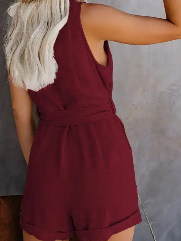 Woven V Neck Button Up Sleeveless Jumpsuit