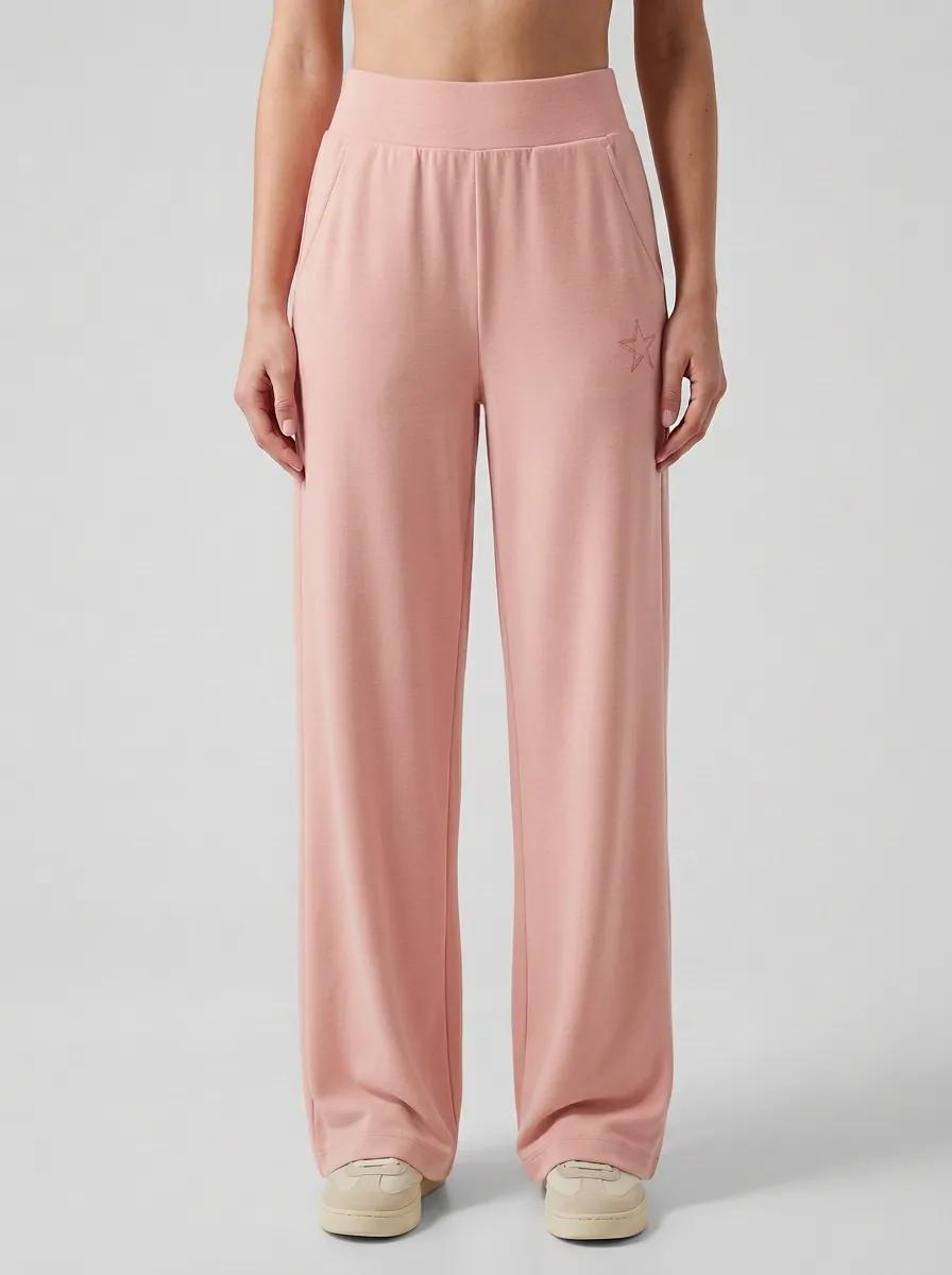 Women's Minimalist Star Embroidered Solid Beige Wide Leg Pants