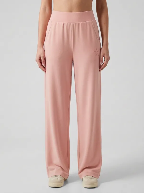 Women's Minimalist Star Embroidered Solid Beige Wide Leg Pants