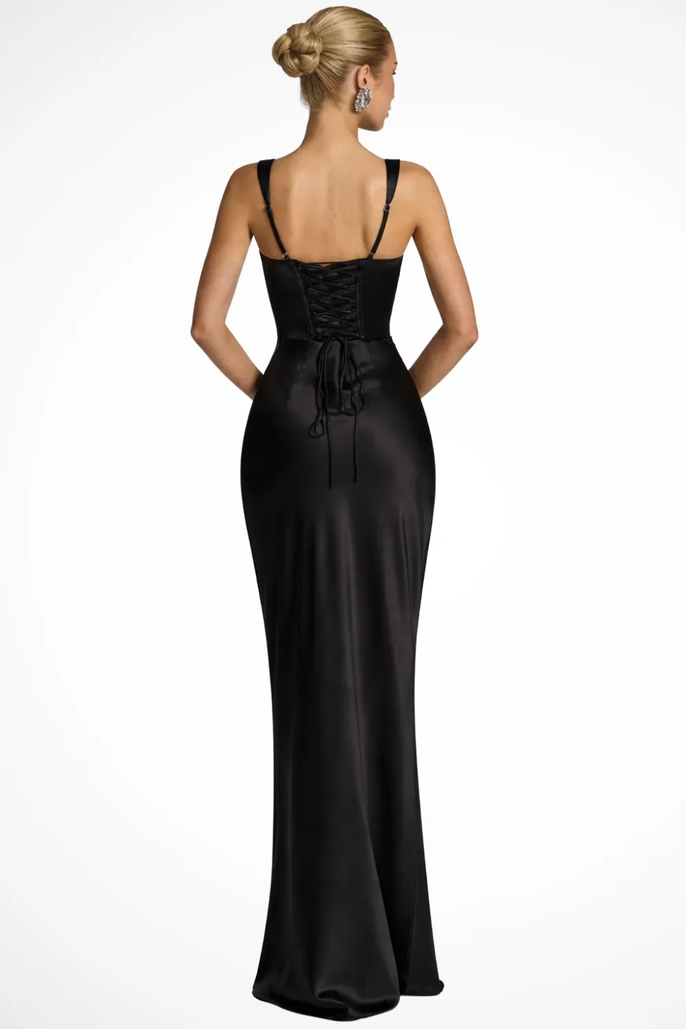  Square Neck Ruched Satin Maxi Dress