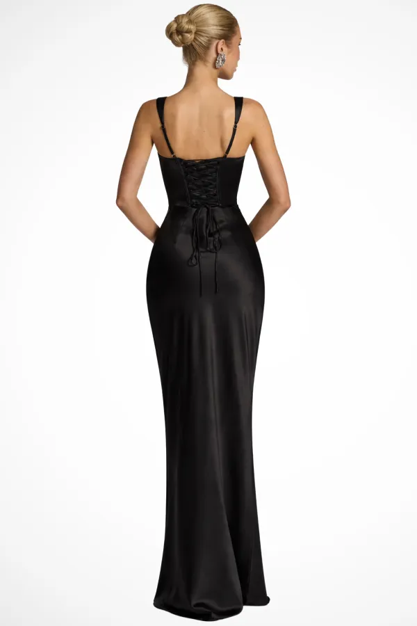  Square Neck Ruched Satin Maxi Dress