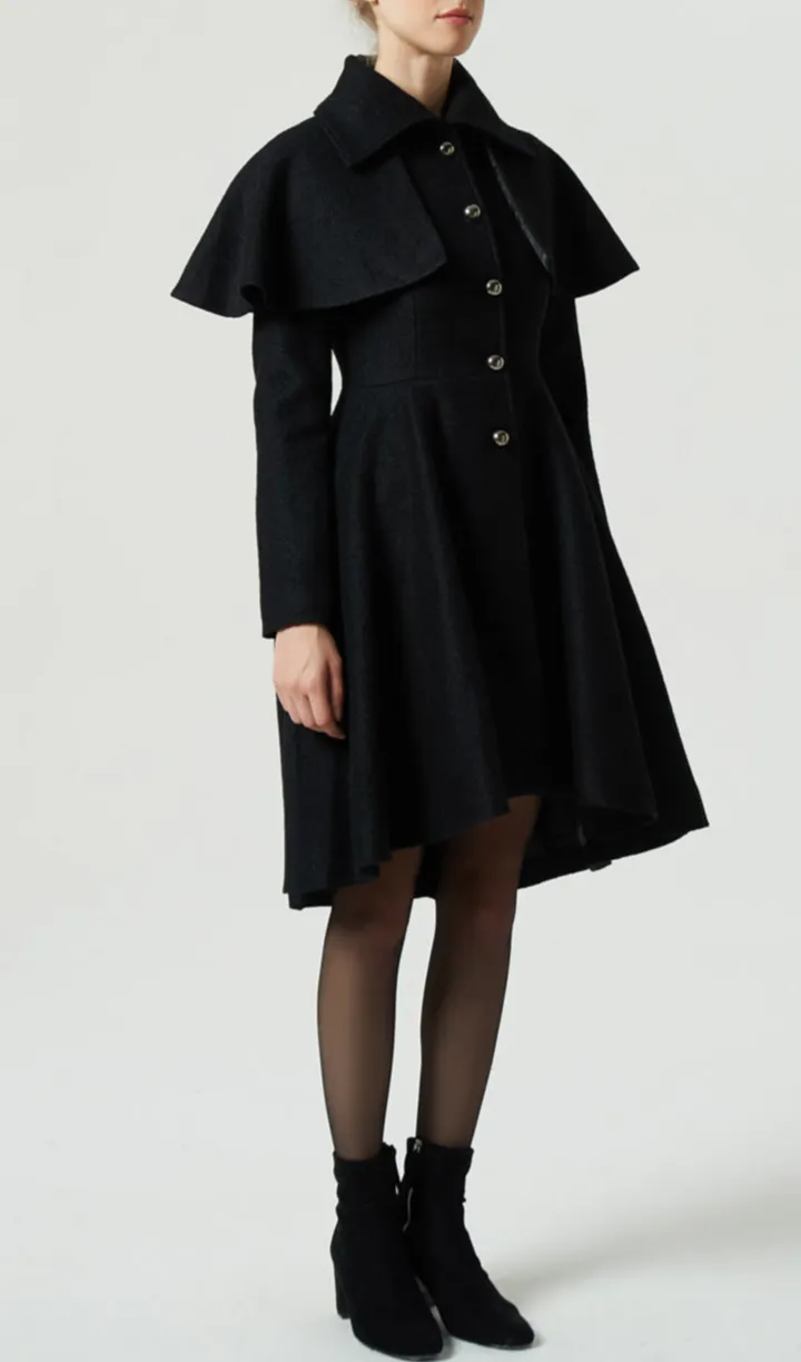 Wool Blend Cape Lapel Collar Cape Detail Pocketed Coat