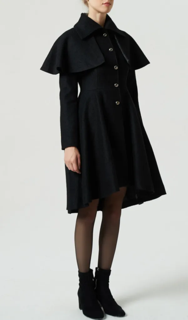 Wool Blend Cape Lapel Collar Cape Detail Pocketed Coat