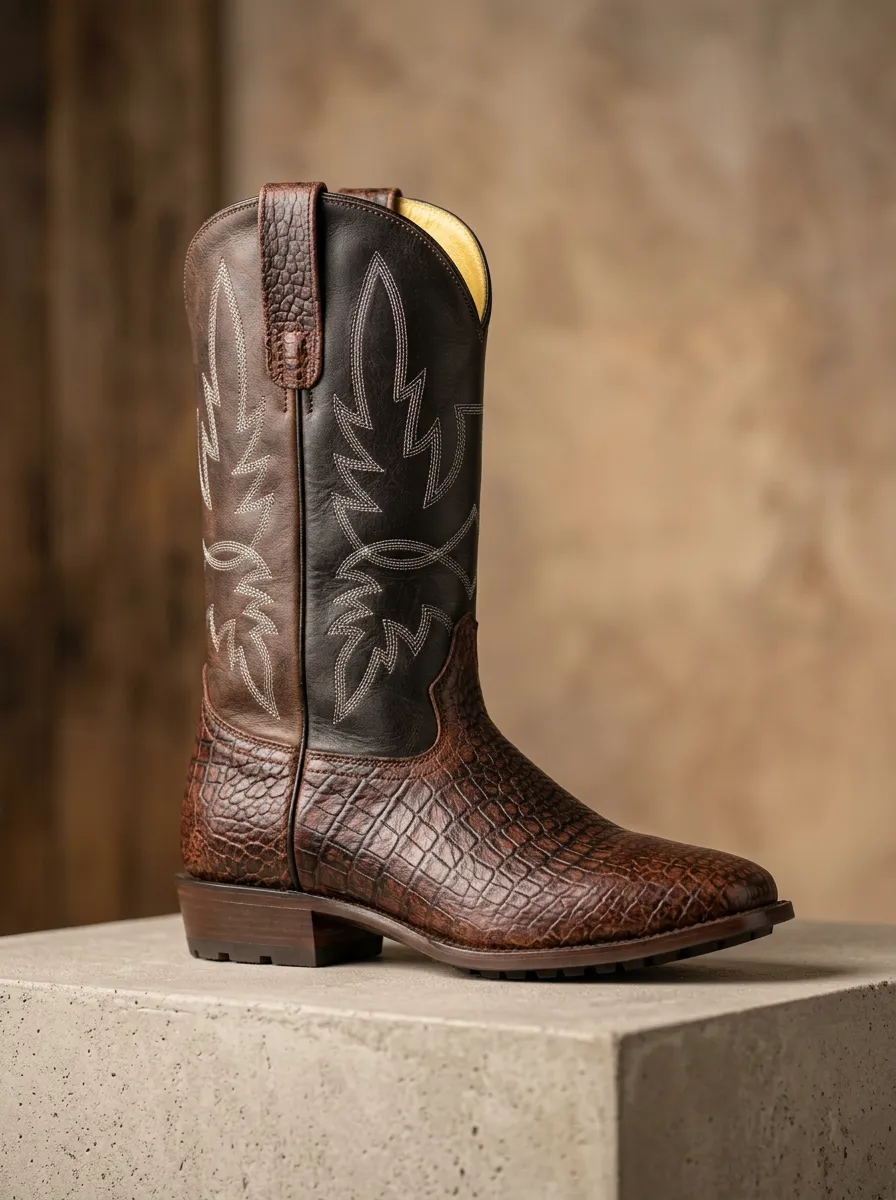 Men's Embossed-Vamp Rounded-Toe Cowboy Boots