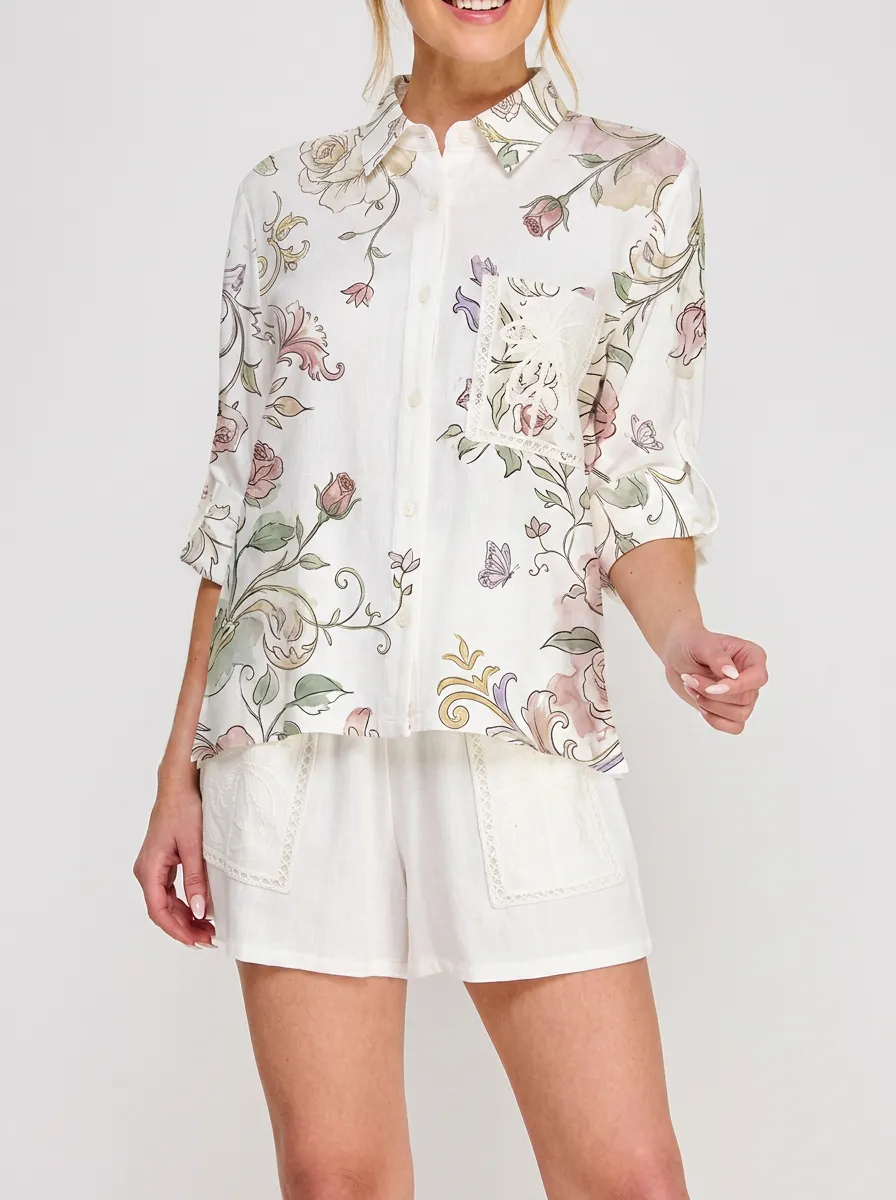 Women's Floral Butterfly Botanical Printed Button-Down Shirt