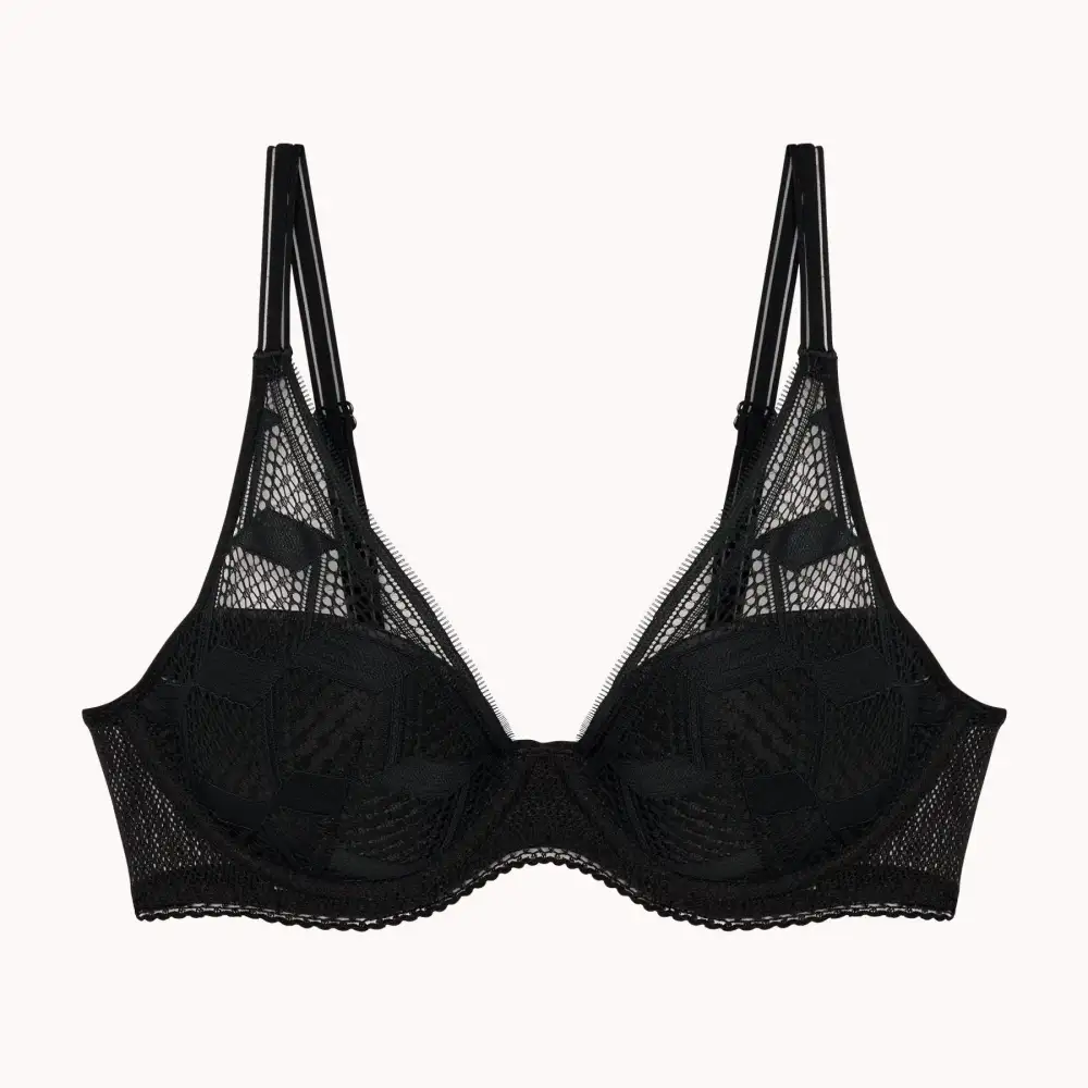 Women's Push-Up Plunge Underwire Molded Adjustable Straps Lace Mesh Sheer Detail Bra