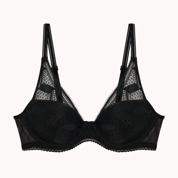 Women's Push-Up Plunge Underwire Molded Adjustable Straps Lace Mesh Sheer Detail Bra