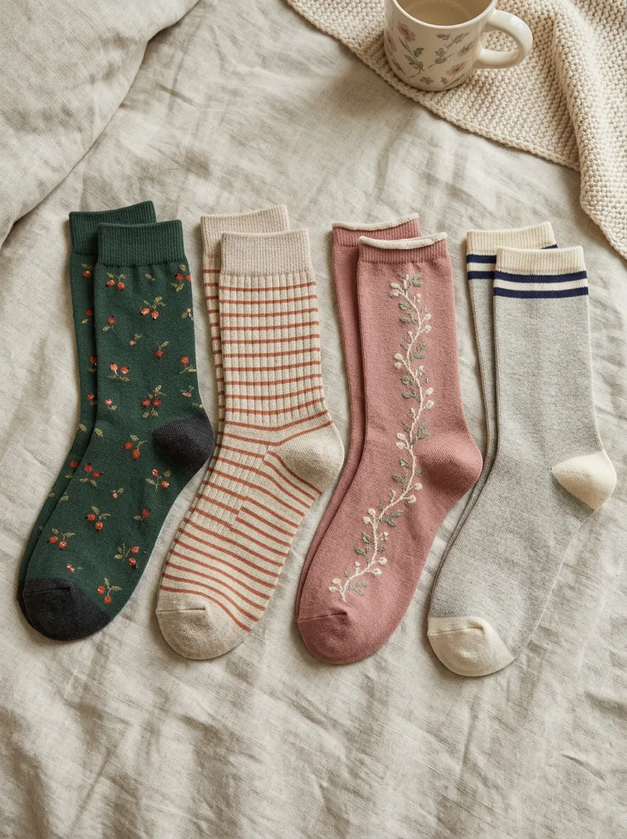 Women's Vintage Floral Striped Botanical Printed 4-Pack Socks