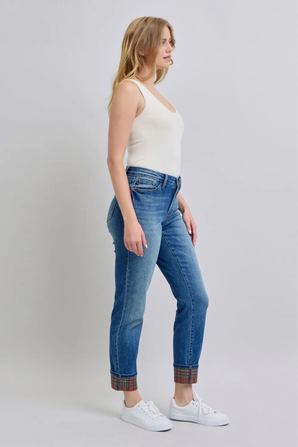 Plaid Print Cuff Straight Leg Pocket Denim Jeans