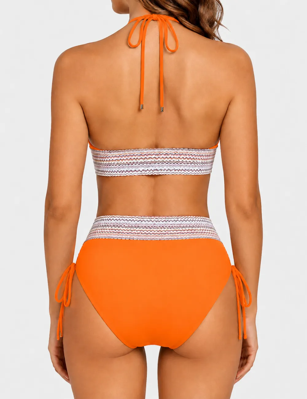 Deep V Neck Colorful Zigzag Smocked Trim Bikini Set