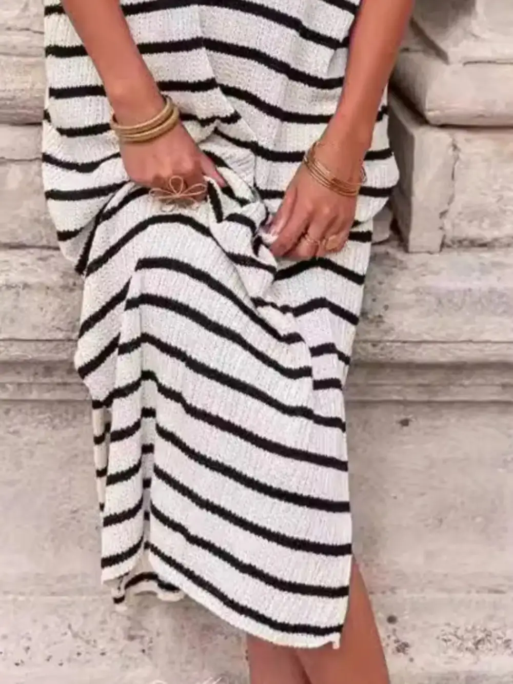 Striped Knit Slit Midi Dress