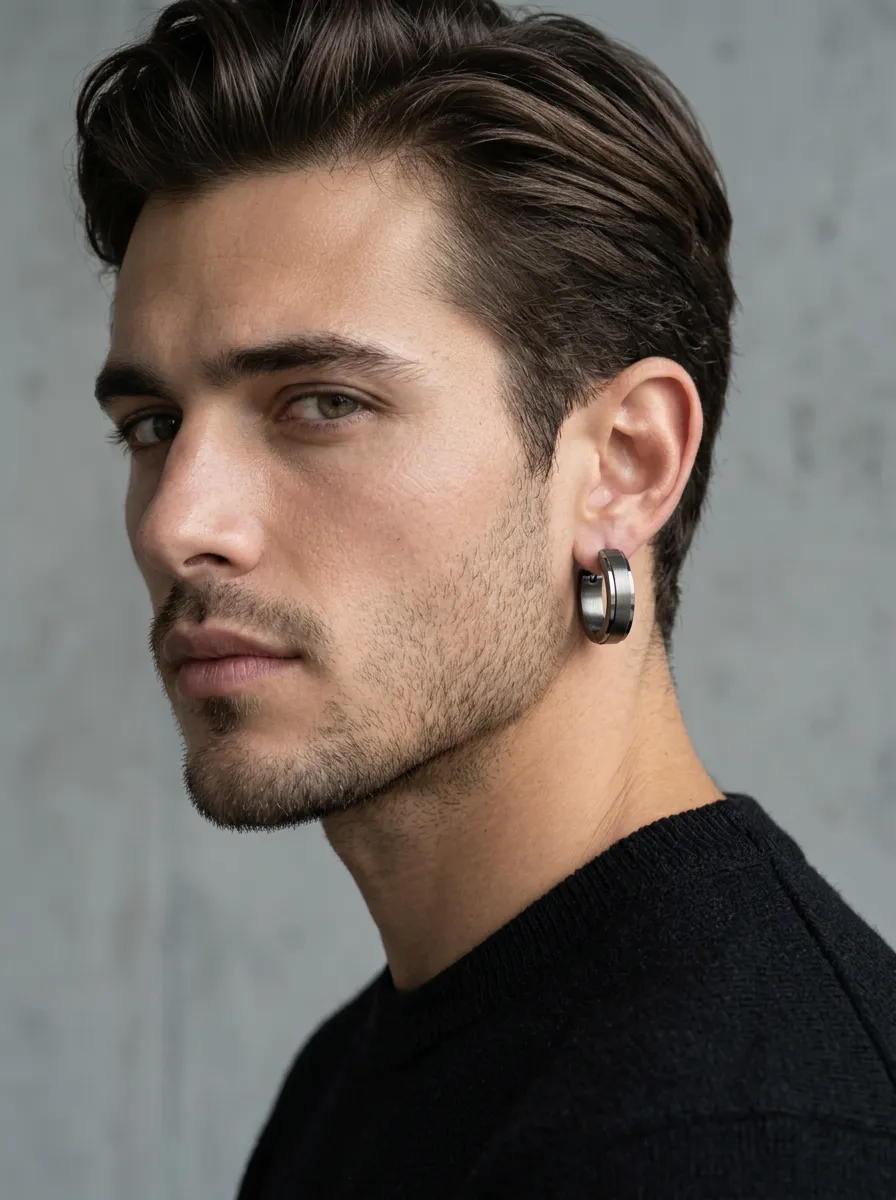 Men's Streamlined Stainless Steel Brushed Hoop Earrings