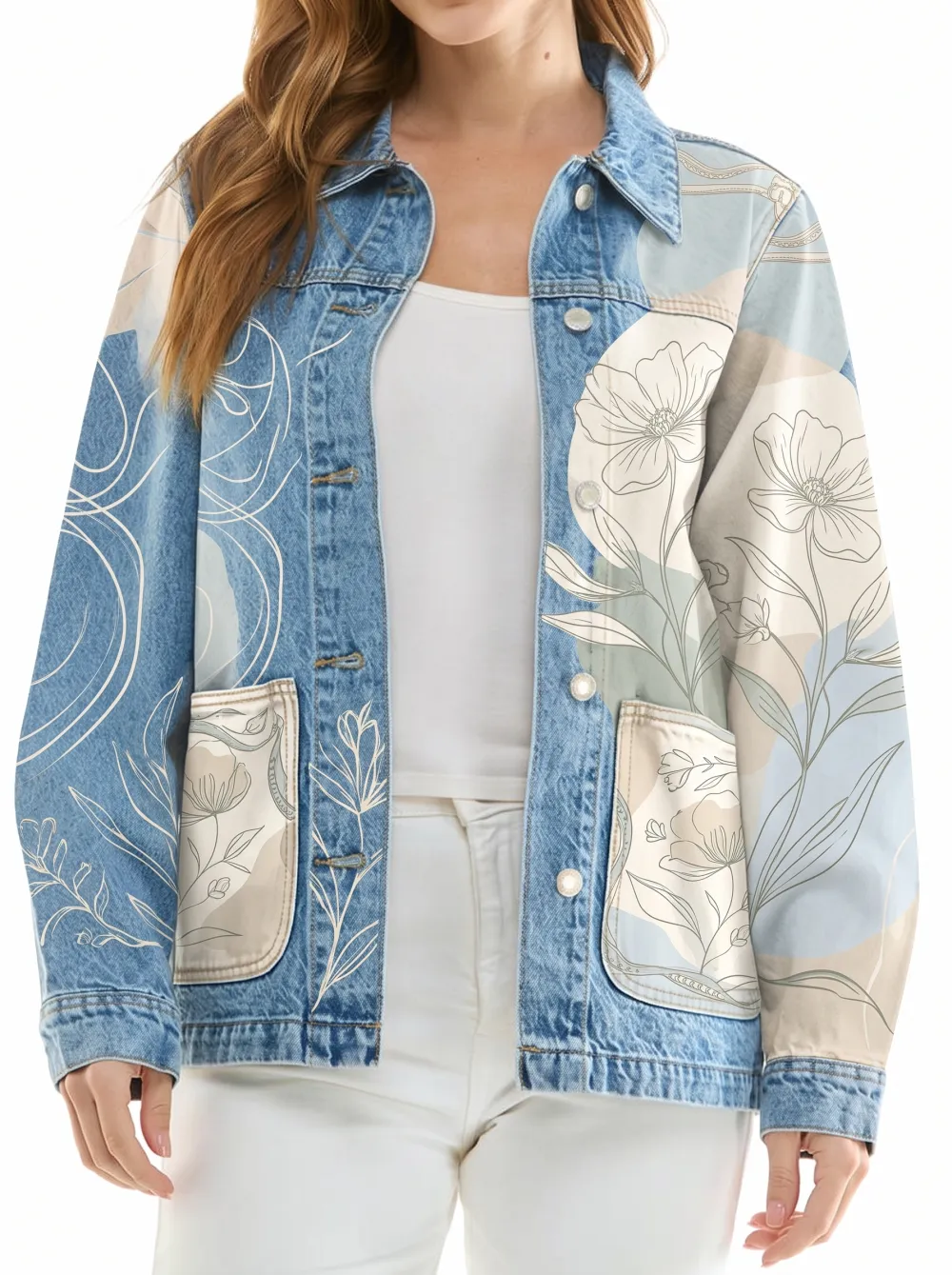 Women's Floral Aesthetic Abstract Line Art Printed Denim Jacket