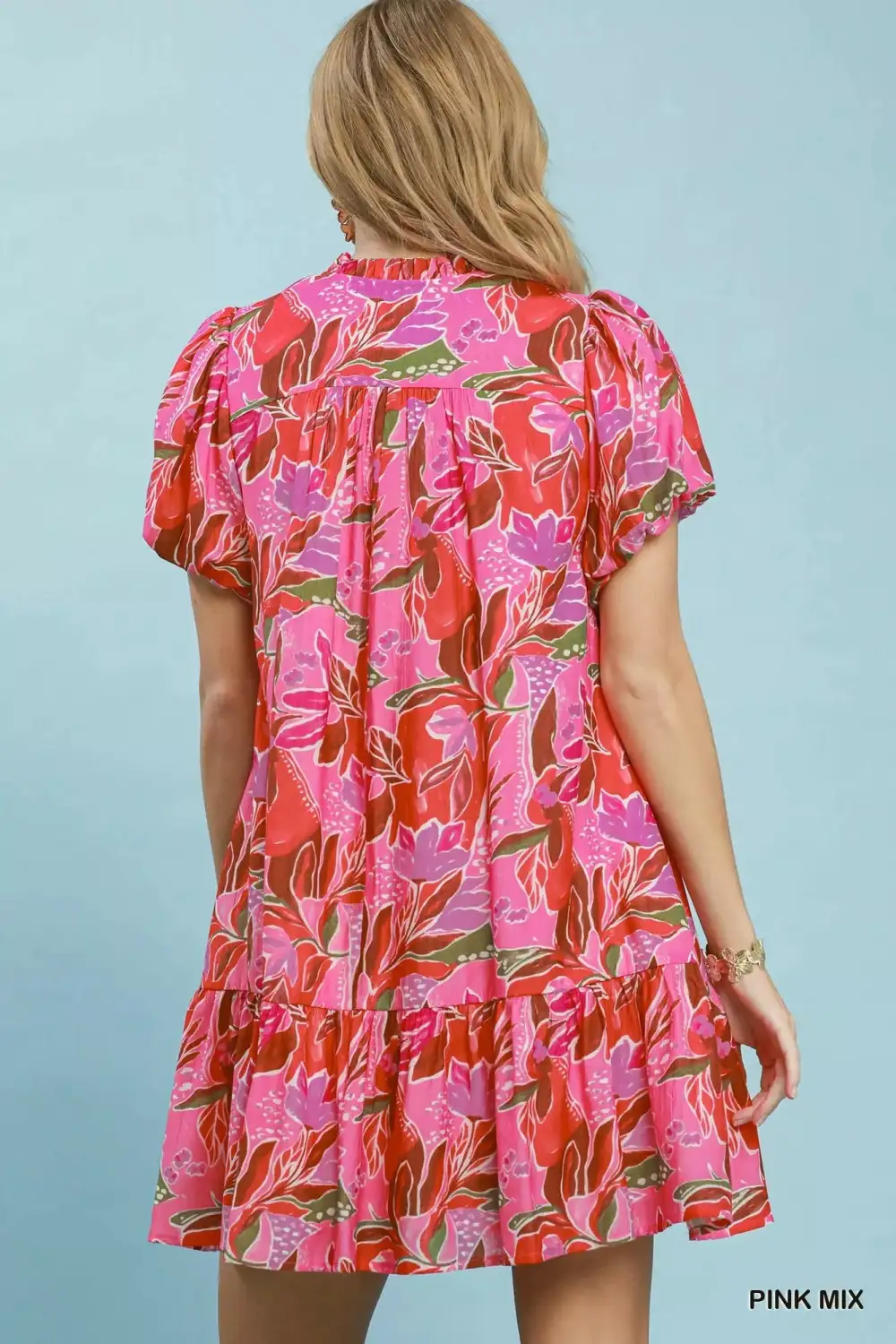 Everyday Tropical Print V-Neck Puff Sleeve Tiered Mini Dress