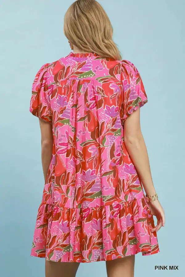 Everyday Tropical Print V-Neck Puff Sleeve Tiered Mini Dress