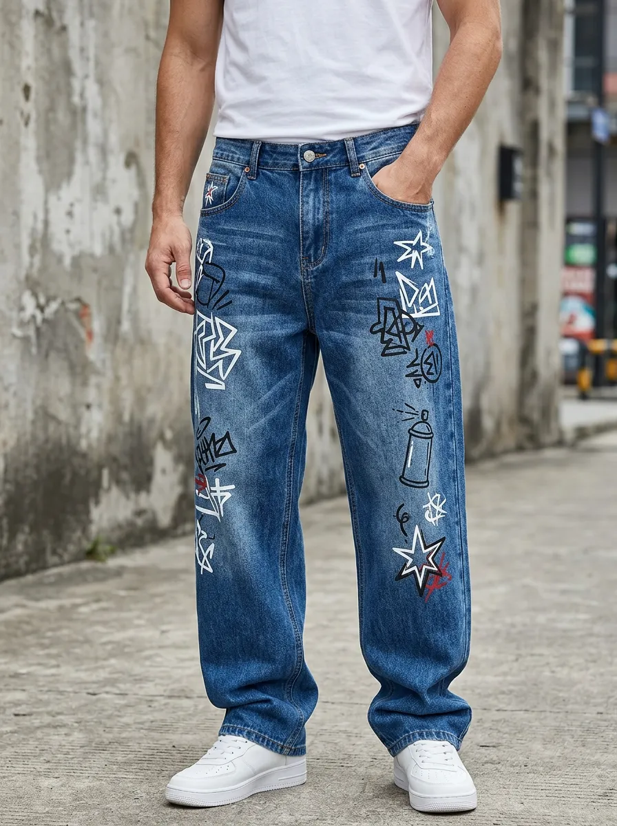 Unisex Skate-Inspired Streetwear Graffiti Star Jeans